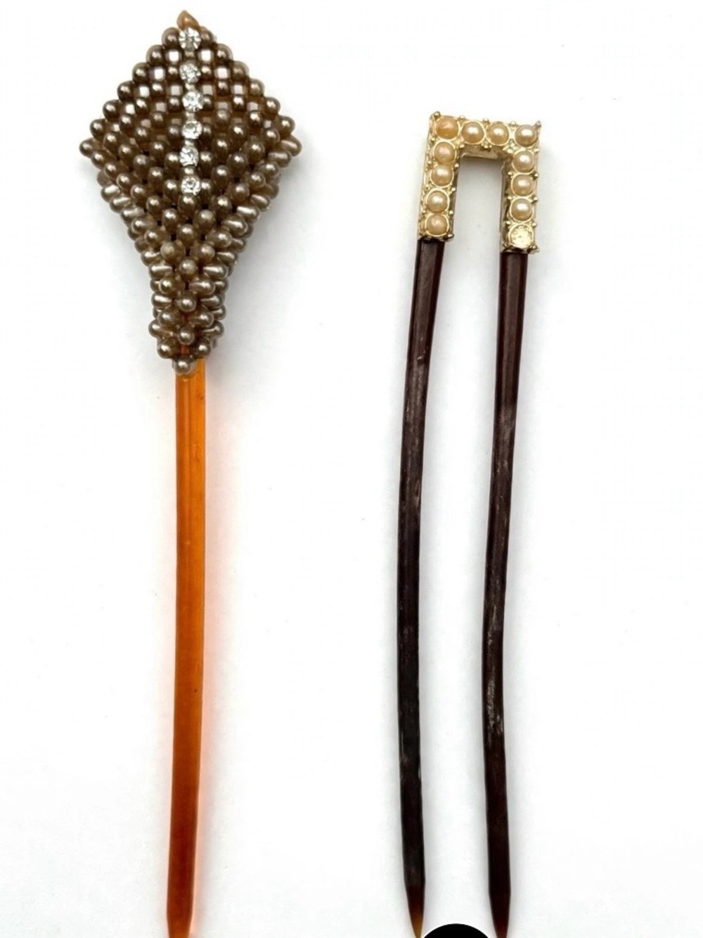 Vtg 1960s Hair Stick Set - Beaded Rhinestone Top + Faux Pearl Hair Fork